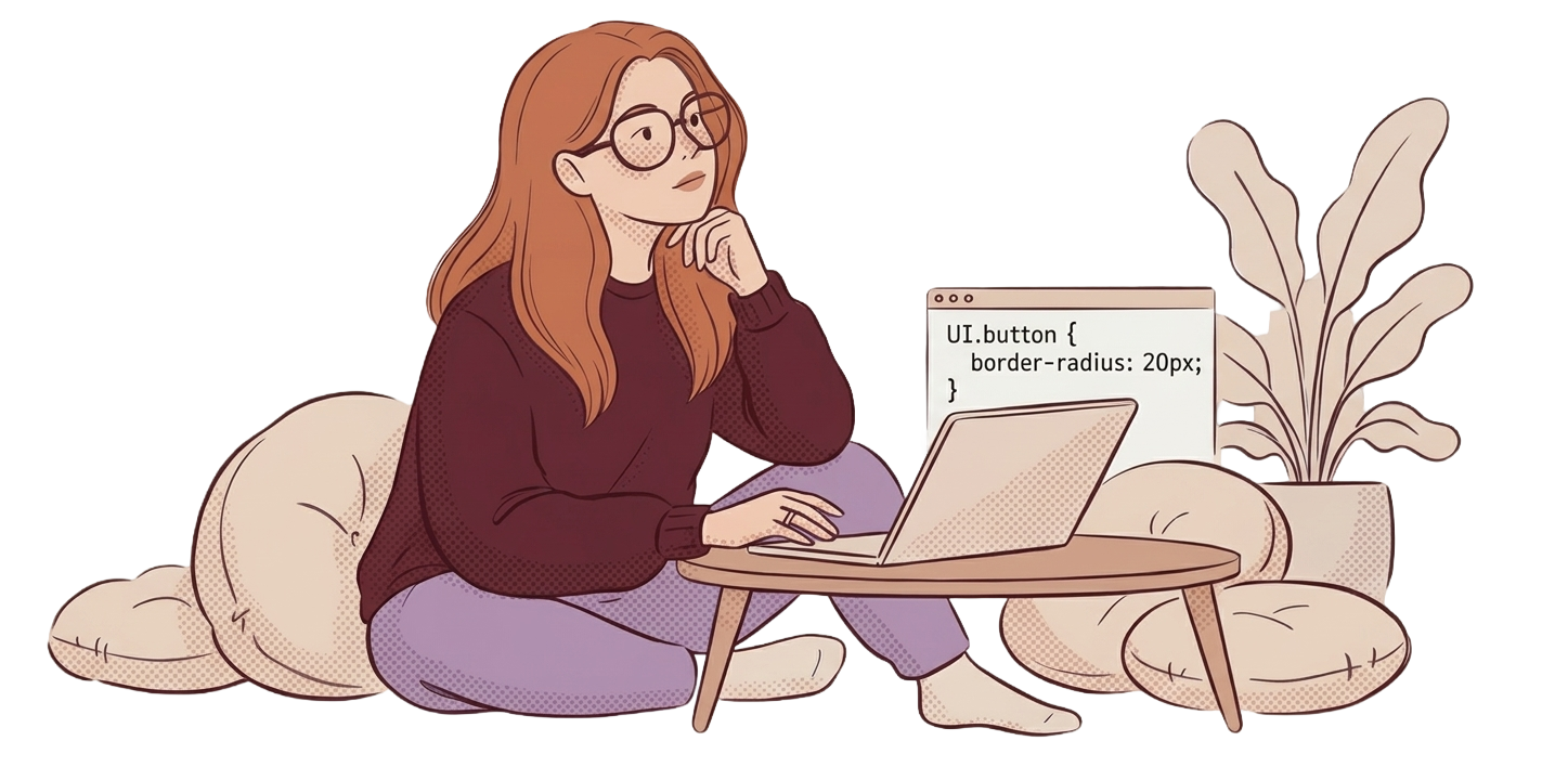 Ilustração de Amanda sentada com um notebook, pensando